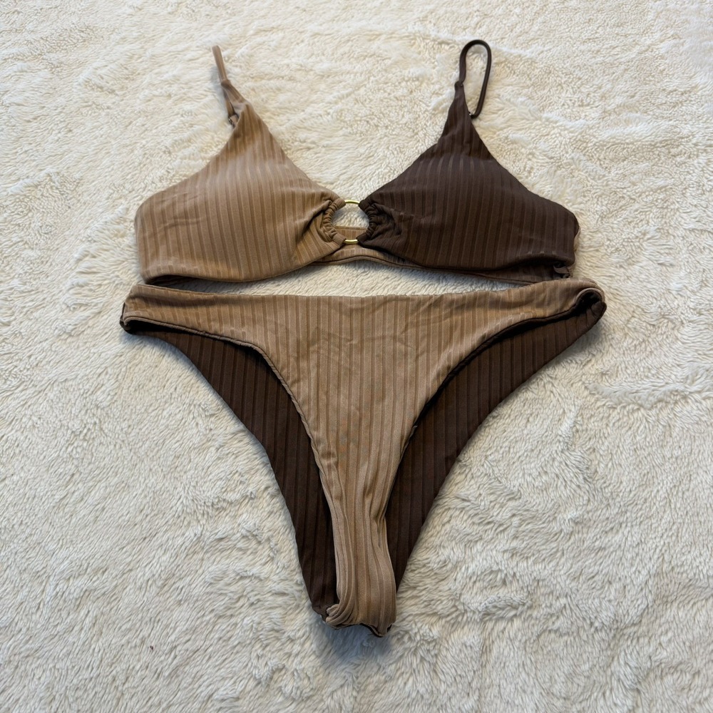 SHEIN Women's Dark Light Brown Color Block Bikini 2 Piece Adjustable XL NWOT